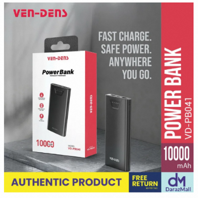 Picture of VEN-DENS 10000mAh Power Bank VD-PB041 Fast Charging Portable Charger | Dual USB Output | LED Indicator | Smart Protection | Slim & Lightweight Powerbank for Android, iPhone & All Devices-Black