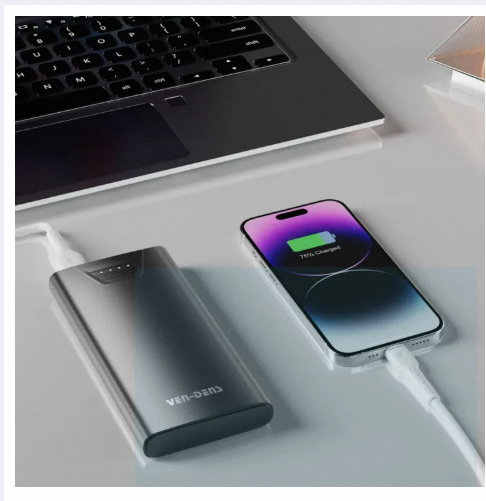 Picture of VEN-DENS 10000mAh Power Bank VD-PB041 Fast Charging Portable Charger | Dual USB Output | LED Indicator | Smart Protection | Slim & Lightweight Powerbank for Android, iPhone & All Devices-Black