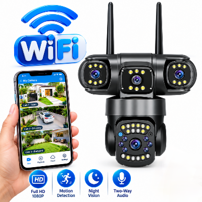 Picture of V380 Pro Three Lens Three Screen WiFi IP Security Camera HD 6MP Outdoor Waterproof Two Way Intercom Full Color Night Vision PTZ CCTV Security Camera Home / Office monitoring CCTV Camera - Black