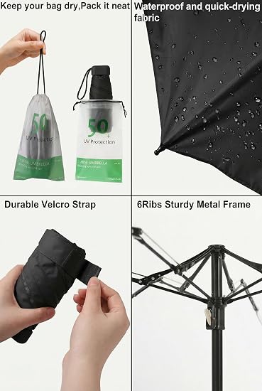 Picture of Travel Mini Umbrella With UV Sun Protection, Compact Pocket Size (Black)