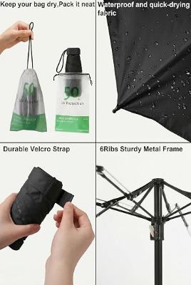Picture of Travel Mini Umbrella With UV Sun Protection, Compact Pocket Size (Black)