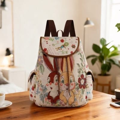 Picture of Cute Bunny Print Floral Canvas Backpack – Vintage Tapestry Drawstring Rucksack for Women & Teen Girls, Aesthetic Casual Travel Daypack