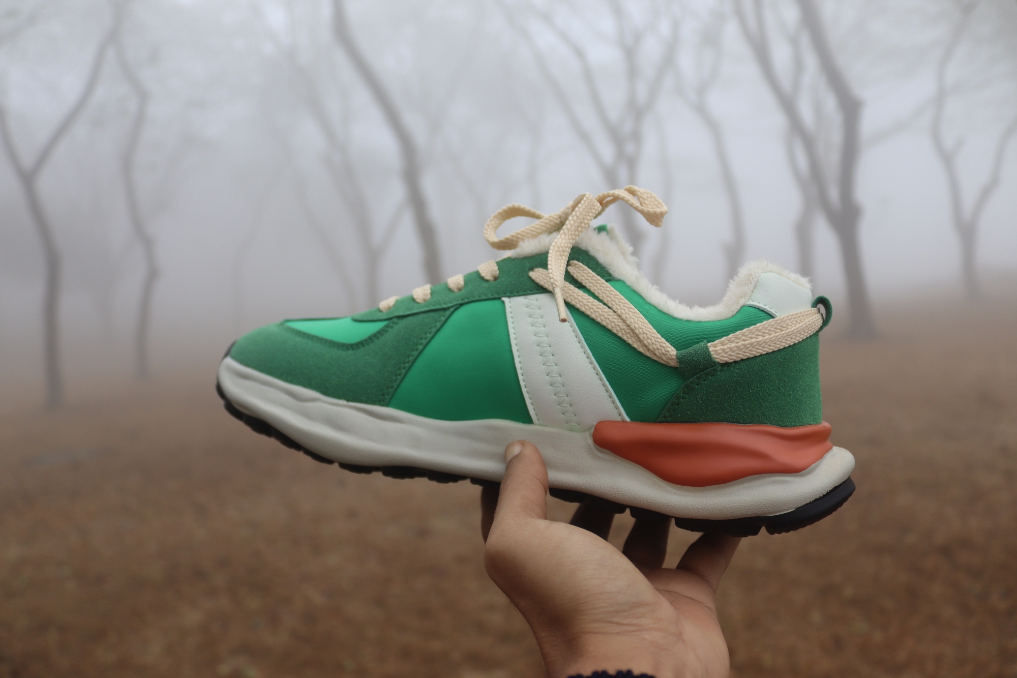 Picture of Warm Vibes & Clean Kicks: Cozy Green Plush Skate Shoes