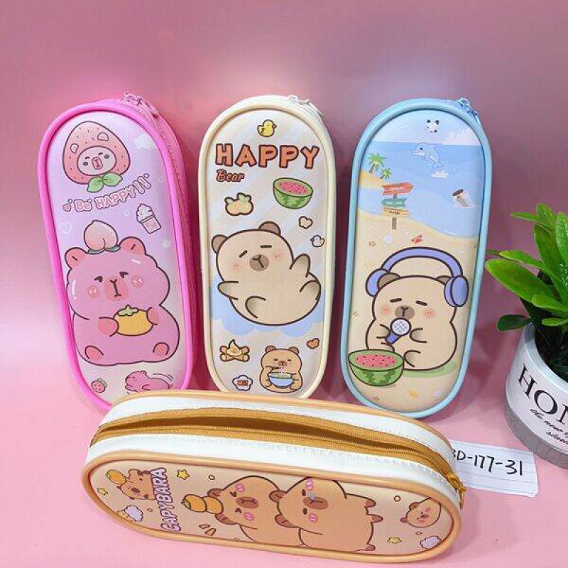 Picture of Cute Cartoon Pencil Case for Kids | Large Capacity EVA Pencil Box with Zipper | Waterproof School Stationery Organizer | Bear & Capybara Design