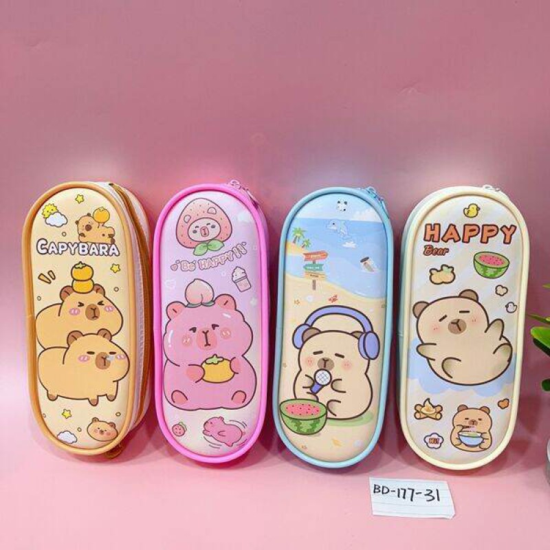 Picture of Cute Cartoon Pencil Case for Kids | Large Capacity EVA Pencil Box with Zipper | Waterproof School Stationery Organizer | Bear & Capybara Design