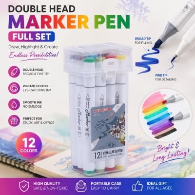 Picture of Double Head Marker Pen Full Set – 12 Colors Art Marker, Broad & Fine Tip Drawing Marker Pen for Students, Kids & Artists - 12 Color Set Box