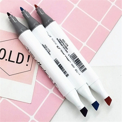 Picture of Double Head Marker Pen Full Set – 12 Colors Art Marker, Broad & Fine Tip Drawing Marker Pen for Students, Kids & Artists - 12 Color Set Box