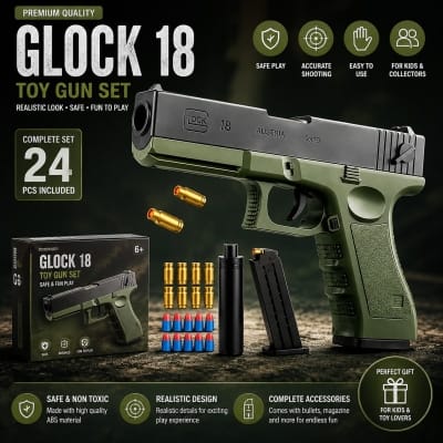 Picture of Glock18 Soft Bullet Toy Gun with Silencer & Shell Ejection | Army Green Foam Dart Blaster Toy for Kids & Adults | FREEFIRE PUBG GUN