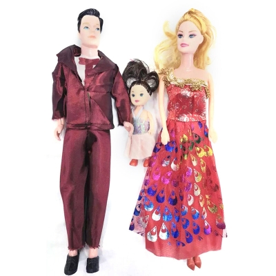 Picture of Family Doll Set/Barbie Doll Set/Putul Set/Couple Barbie Doll Set/Mom Dad Baby Doll Set/3-Pcs Doll Set - Doll-Multicolor