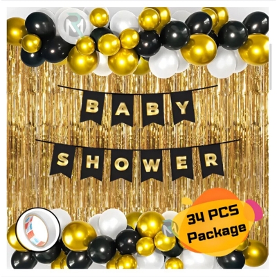 Picture of Baby Shower Golden Black Combo Set– Metallic Balloons, Card Banner, Backdrop Curtain With Both Side Tape for Party Decoration Full Package- (Pack of 34 Pcs)-Black