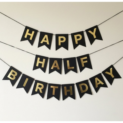 Picture of Happy Half Birthday black Card Banner With Golden for Birthday Decoration-Black