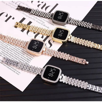 Picture of New Trend Fashion Steel Chain Diamond Women Watch Full Diamond Touch Screen LED Water Diamond Bracelet Watch
