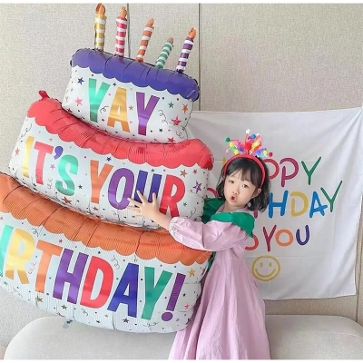 Picture of Large Birthday Three Layer Cake Candle Stripe Polka Dot Foil Balloon/Birthday Party photo Props Scene Decoration-Multicolor