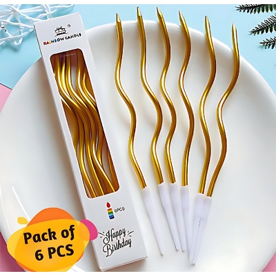 Picture of Spiral Twisty Gold Long Stick Metallic Candle for Birthday, Wedding Party, and Cake Decoration - (Pack of 06 Pcs)-Gold