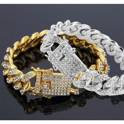 Picture of Men Cuban Link Chain Bracelet Shiny Rhinestone Inlaid Bangle Jewelry- Avant-garde-M