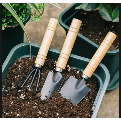 Picture of 3pcs Mini Garden Shovel Rake Spade Bonsai Tools Set Wooden Handle for Flowers Potted Plant Garden Tools Weeding Tools-Black