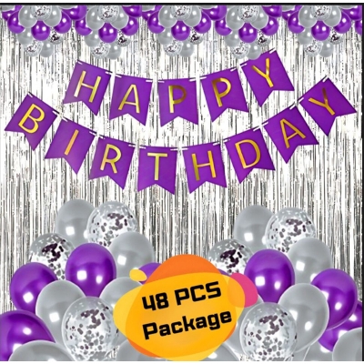Picture of Purple Color Birthday Decoration Combo Pack With Birthday Banners, Silver Foil Curtains, Metallic Balloons, Blue Confetti and Balloon Garland Arch Decorations Kit Full Package- (Pack of 48 Pcs)-Purple