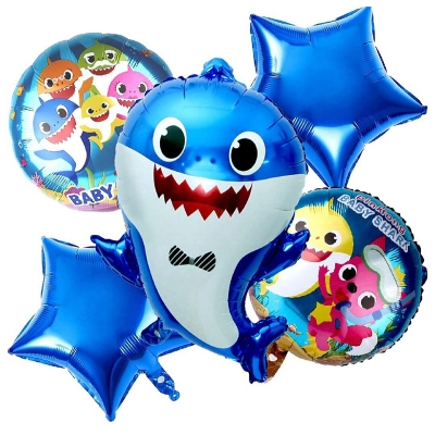 Picture of 5pcs Baby Shark Theme Birthday Decoration Items with Star Foil Balloons, Shark Foil Balloon-Blue
