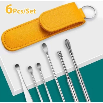 Picture of 6PCS Ear Pick Set Portable Ear Cleaner Set Stainless Steel With Lather Case-Multicolor