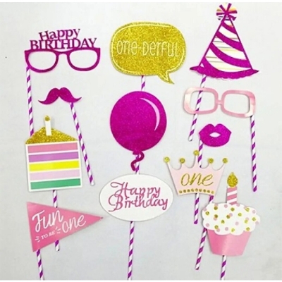 Picture of Happy Birthday Glitter Photo Props -Full Pack Set/party pops-Multicolor