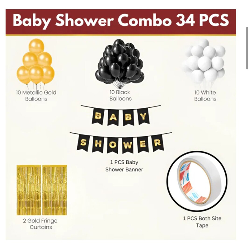 Picture of Baby Shower Golden Black Combo Set– Metallic Balloons, Card Banner, Backdrop Curtain With Both Side Tape for Party Decoration Full Package- (Pack of 34 Pcs)-Black