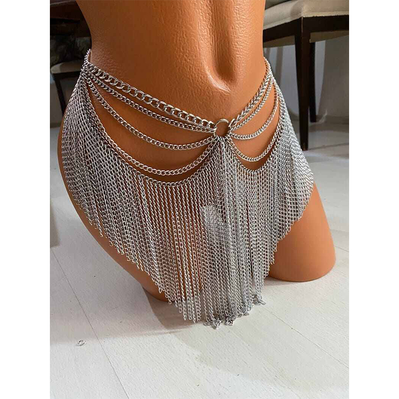 Picture of silver chain fringe skirt/metal tassel waist belt belly dance costume-Silver