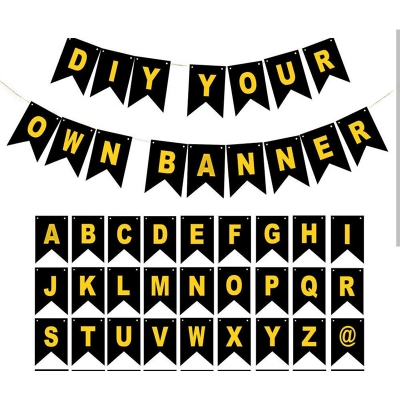 Picture of Custom Letter Banner Kit/DIY Personalized Banner For Birthday Banner/Customized Black Name Banners Gold Stamping Letters And Number  Bunting Banner For Birthday Anniversary Halloween Wedding Events Party Decoration