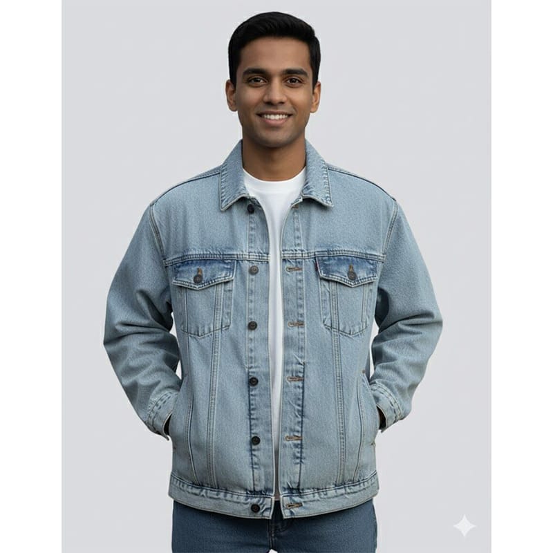 Picture of Export Quality Light Wash Denim Jacket for Men | Premium Soft Fabric | Stylish Casual & Winter Wear | Trendy Slim Fit Jeans Jacket | Durable Stitching | Fashionable Everyday Outerwear for Men-Light blue