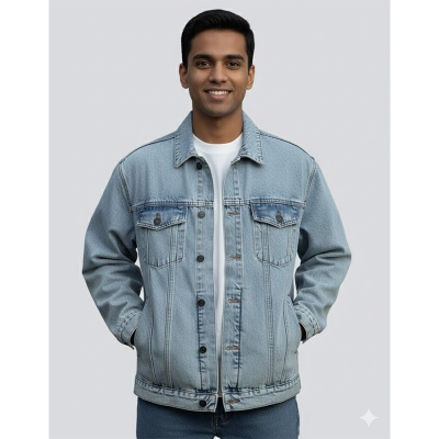 Picture of Export Quality Light Wash Denim Jacket for Men | Premium Soft Fabric | Stylish Casual & Winter Wear | Trendy Slim Fit Jeans Jacket | Durable Stitching | Fashionable Everyday Outerwear for Men-Light blue