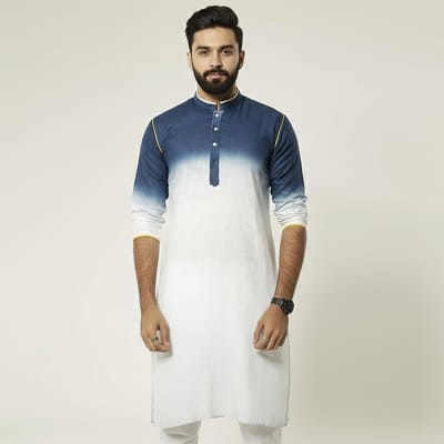 Picture of Premium Blue and White Cotton Panjabi for Men - Stylish & Comfortable White & Blue Combination Panjabi Kurta. Breathable High-Quality Cotton Ethnic Wear for Formal, Casual & Religious Events. Trendy Slim Fit Traditional Panjabi Collection.-Blue