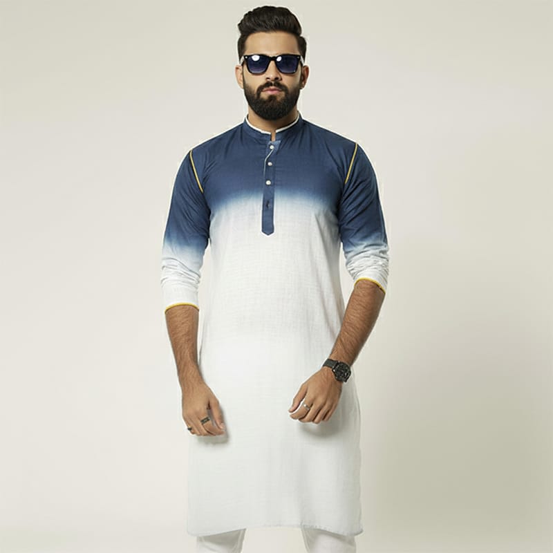 Picture of Premium Blue and White Cotton Panjabi for Men - Stylish & Comfortable White & Blue Combination Panjabi Kurta. Breathable High-Quality Cotton Ethnic Wear for Formal, Casual & Religious Events. Trendy Slim Fit Traditional Panjabi Collection.-Blue