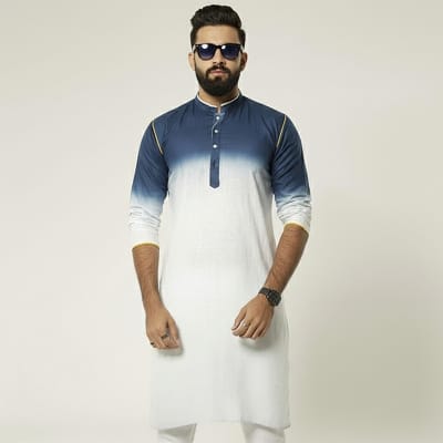 Picture of Premium Blue and White Cotton Panjabi for Men - Stylish & Comfortable White & Blue Combination Panjabi Kurta. Breathable High-Quality Cotton Ethnic Wear for Formal, Casual & Religious Events. Trendy Slim Fit Traditional Panjabi Collection.-Blue