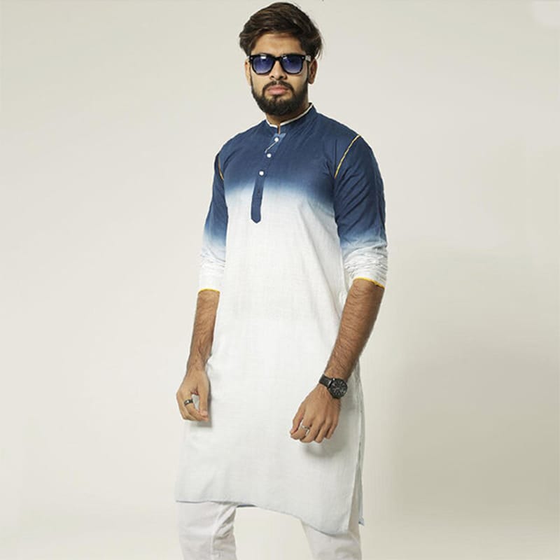 Picture of Premium Blue and White Cotton Panjabi for Men - Stylish & Comfortable White & Blue Combination Panjabi Kurta. Breathable High-Quality Cotton Ethnic Wear for Formal, Casual & Religious Events. Trendy Slim Fit Traditional Panjabi Collection.-Blue