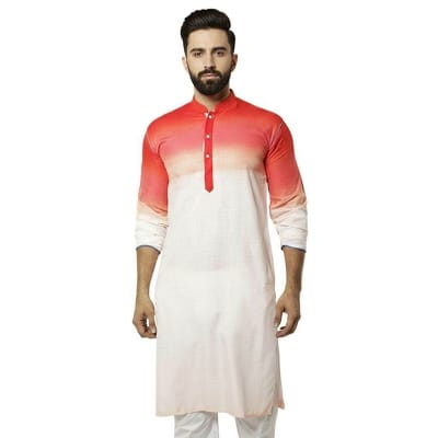 Picture of Premium Red and White Cotton Panjabi for Men - Stylish & Comfortable White & Blue Combination Panjabi Kurta. Breathable High-Quality Cotton Ethnic Wear for Formal, Casual & Religious Events. Trendy Slim Fit Traditional Panjabi Collection.-Red