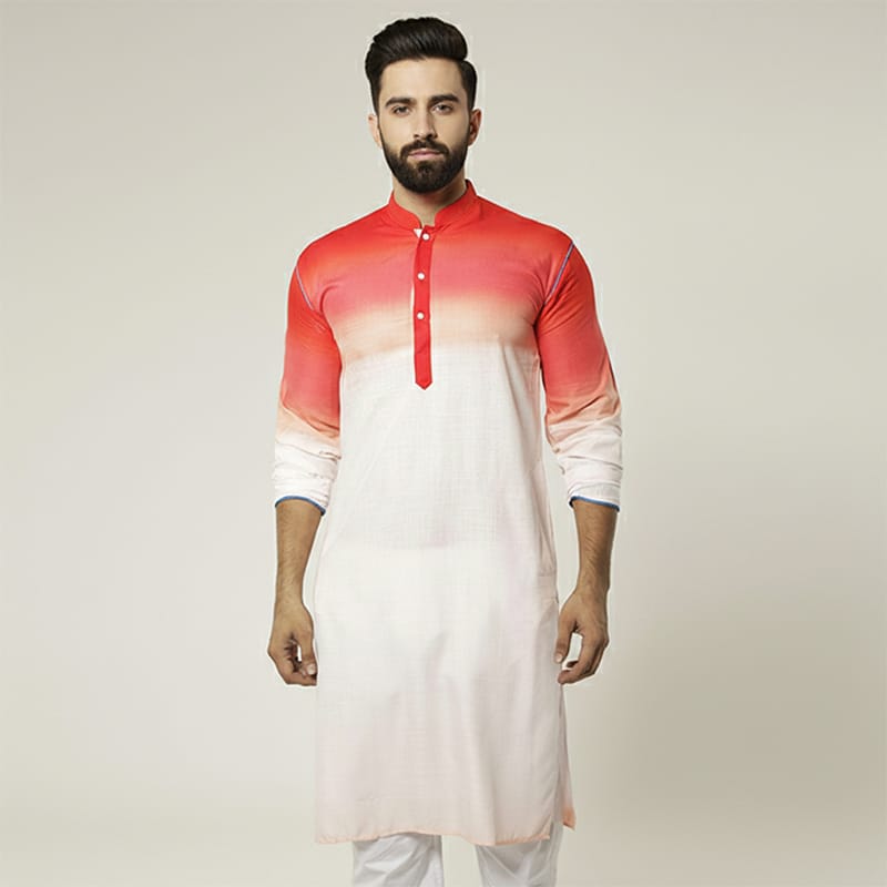 Picture of Premium Red and White Cotton Panjabi for Men - Stylish & Comfortable White & Blue Combination Panjabi Kurta. Breathable High-Quality Cotton Ethnic Wear for Formal, Casual & Religious Events. Trendy Slim Fit Traditional Panjabi Collection.-Red