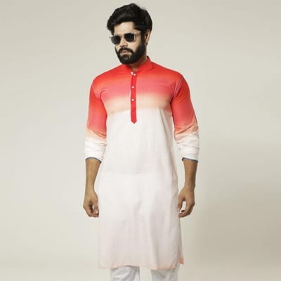 Picture of Premium Red and White Cotton Panjabi for Men - Stylish & Comfortable White & Blue Combination Panjabi Kurta. Breathable High-Quality Cotton Ethnic Wear for Formal, Casual & Religious Events. Trendy Slim Fit Traditional Panjabi Collection.-Red