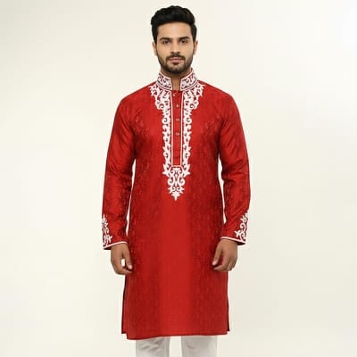 Picture of Red & White Katan Silk Panjabi for Men | Premium Traditional Ethnic Wear | Elegant Festive & Wedding Panjabi Kurta | Soft Comfortable Silk Fabric | Stylish Bengali Cultural Outfit | Perfect for Pohela Boishakh, Eid & Special Occasions