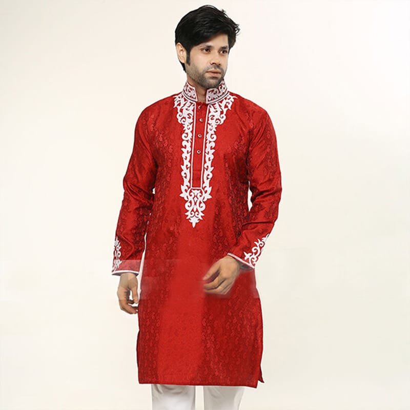 Picture of Red & White Katan Silk Panjabi for Men | Premium Traditional Ethnic Wear | Elegant Festive & Wedding Panjabi Kurta | Soft Comfortable Silk Fabric | Stylish Bengali Cultural Outfit | Perfect for Pohela Boishakh, Eid & Special Occasions