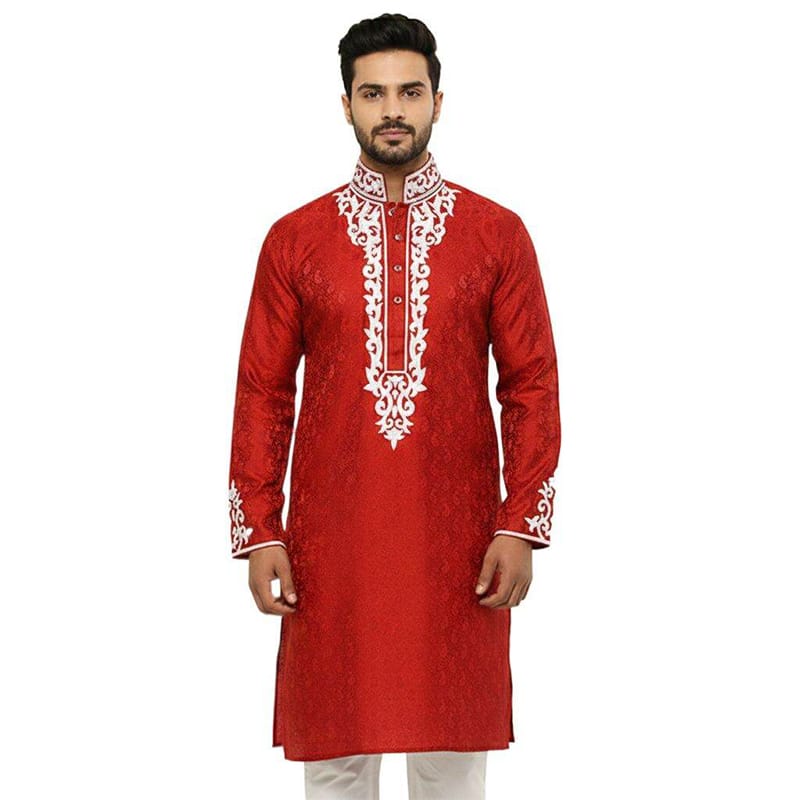 Picture of Red & White Katan Silk Panjabi for Men | Premium Traditional Ethnic Wear | Elegant Festive & Wedding Panjabi Kurta | Soft Comfortable Silk Fabric | Stylish Bengali Cultural Outfit | Perfect for Pohela Boishakh, Eid & Special Occasions
