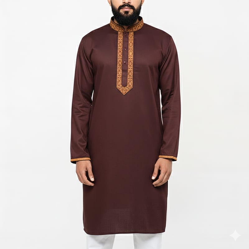 Picture of Chocolate Color Cotton Panjabi for Men | Premium Soft Breathable Cotton Punjabi Kurta | Stylish Ethnic Wear for Eid, Wedding & Festive Occasion | Comfortable Regular Fit Traditional Panjabi for Summer & Casual Use | Trendy Men’s Fashion Collection 2026