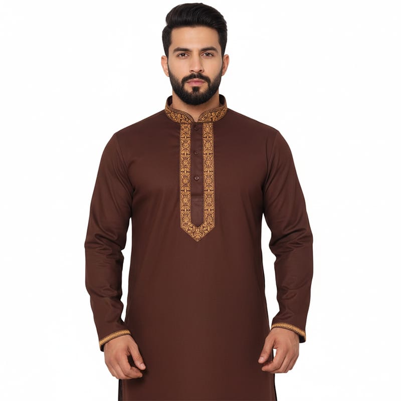 Picture of Chocolate Color Cotton Panjabi for Men | Premium Soft Breathable Cotton Punjabi Kurta | Stylish Ethnic Wear for Eid, Wedding & Festive Occasion | Comfortable Regular Fit Traditional Panjabi for Summer & Casual Use | Trendy Men’s Fashion Collection 2026