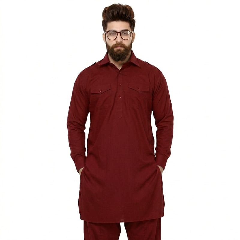 Picture of Maroon Color Panjabi for Men Pakistani Style | Premium Cotton Traditional Kurta with Elegant Embroidery | Stylish Ethnic Wear for Wedding, Eid & Festive Occasion | Comfortable Regular Fit Desi Outfit for Party & Cultural Events | Trendy Men’s Collection