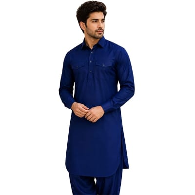 Picture of Blue Color Panjabi for Men Pakistani Style | Premium Cotton Traditional Kurta for Eid, Wedding & Festive Wear | Elegant Embroidered Neck Design | Comfortable Regular Fit Ethnic Outfit | Trendy Desi Panjabi Collection for Party & Cultural Events