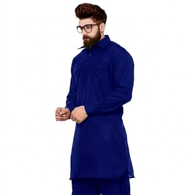 Picture of Blue Color Panjabi for Men Pakistani Style | Premium Cotton Traditional Kurta for Eid, Wedding & Festive Wear | Elegant Embroidered Neck Design | Comfortable Regular Fit Ethnic Outfit | Trendy Desi Panjabi Collection for Party & Cultural Events