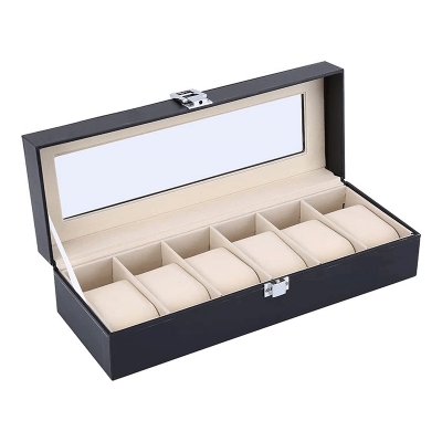 Picture of 6 Slot Leather Watch Box Display Case | Fashion Jewellery for men and women- Premium Wooden Wrist Watch Box - Elegant Design for Safely Storing and Displaying Your Watches-Black