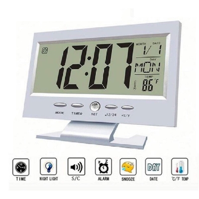 Picture of Digital Table Clock LED Display | Voice Control Alarm Clock | Snooze Function | Date Time Temperature Display | Smart Bedside Digital Clock | Modern Desktop Clock for Home Office Bedroom | Stylish Night Clock LED Display-Multicolor