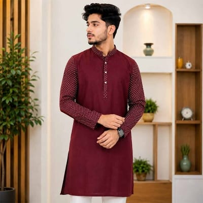 Picture of Maroon Contrast Panjabi for Men | Premium Cotton Traditional Punjabi Kurta with Elegant Maroon Contrast Design | Stylish Ethnic Wear for Eid, Wedding, Festival & Casual Occasion(L)