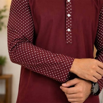 Picture of Maroon Contrast Panjabi for Men | Premium Cotton Traditional Punjabi Kurta with Elegant Maroon Contrast Design | Stylish Ethnic Wear for Eid, Wedding, Festival & Casual Occasion(L)