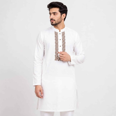 Picture of Elegant White Punjabi with Contrast Detailing | Premium Traditional Wear for Men, Stylish Wedding & Festive Outfit