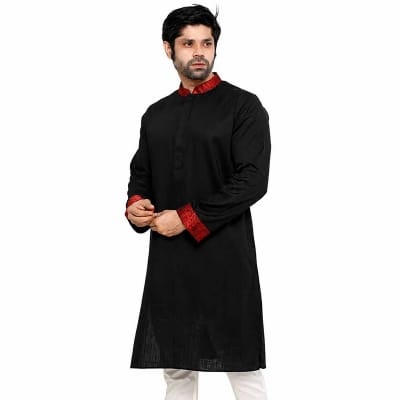 Picture of Black Panjabi with Red Contrast | Premium Men's Cotton Punjabi for Eid, Wedding, Festive & Traditional Wear | Stylish Ethnic Kurta
